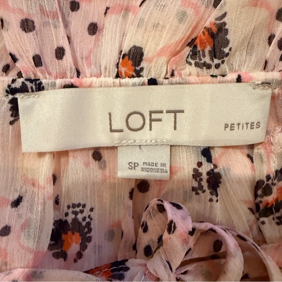 Loft Petite Pink Daisey Ruffle Tie Neck Long Sleeve Blouse Sz SP - Picture 7 of 11